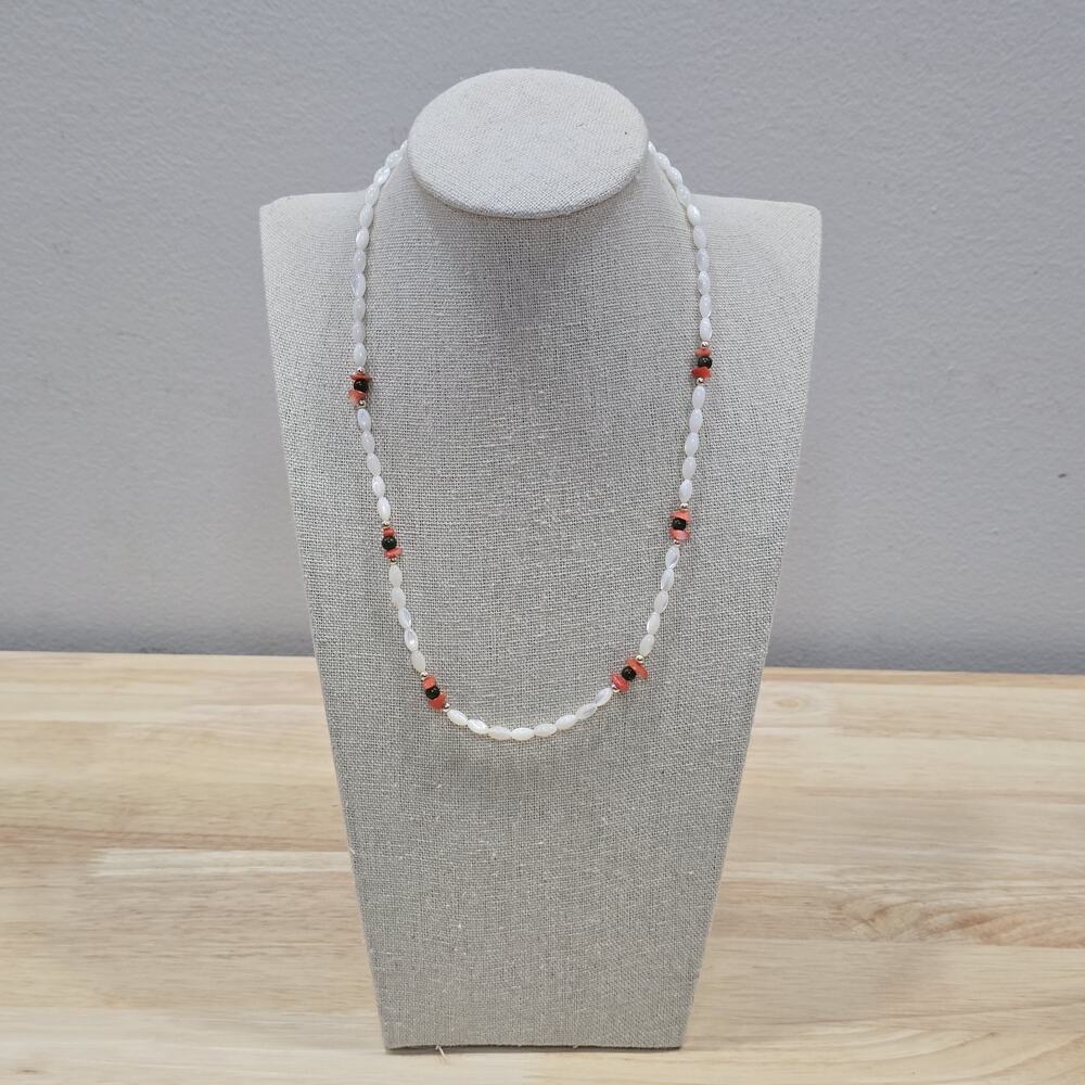 Jade Beads Coral Chips Mother of Pearl Rice Beads 18" Beaded Necklace